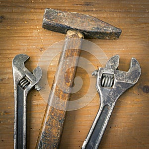 Hammer and two wrenches
