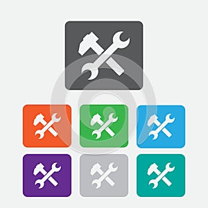 Hammer And Wrench icon. flat symbol, rounded angles, white square buttons