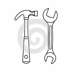 Hammer and wrench icon, outline style