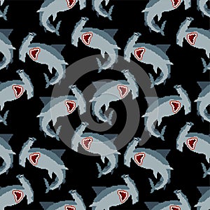 Hammerhead shark pixel art pattern seamless. 8 bit Fish hammer background. marine predator vector texture