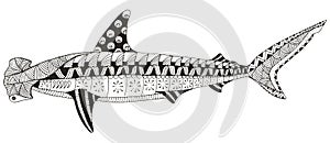 Hammerhead shark zentangle stylized, vector, illustration, pattern, freehand pencil, hand drawn.