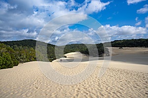 Hammerstone Sandblow and Lake Wabby which being eaten up by the Desert Sand dunes on Fraser Island, Great Sandy National Park, Que