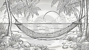 hammock on the beach black and white, coloring book page, A beach with palm trees and shells, and a hammock
