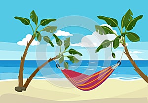 Hammock beach. Tropical background rest place between palm trees outdoor exotic sunset vector cartoon