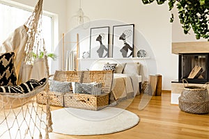 Hammock in boho bedroom interior