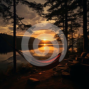 Hammock bound silhouette, pine trees, lake viewâ???man savors Norwegian summers cloudy tranquility photo