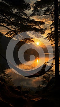 Hammock bound silhouette, pine trees, lake view??Å¸?Â¦Å¸?Âman savors Norwegian summers cloudy tranquility photo