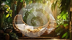 Hammock in the corner to relax in the garden of the house in the morning. - Generative ai