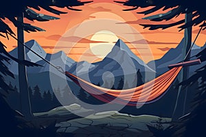 Hammock in the forest on the background of mountains in flat style. Relaxation in nature.