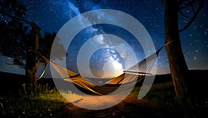 Hammock gently swaying under the stars, representing peaceful sleep and tranquility.