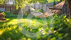 hammock on green grass lawn in cozy garden, blurred background