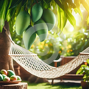 Hammock with green mangoes in the garden, vintage style