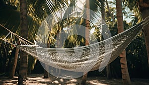 Hammock hanging from palm tree, tranquil paradise generated by AI