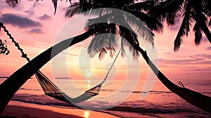 Hammock Hanging Between Palm Trees on Beach. Generative AI