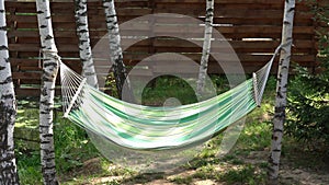 A hammock is hanging in a summer blooming garden in the backyard