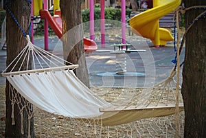 Hammock hanging from trees at the children`s playground