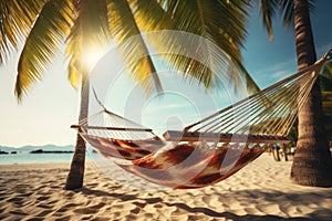 hammock hanging on tropical beach AI generated