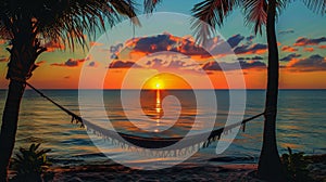 Hammock Hanging Between Two Palm Trees on a Beach