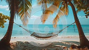 Hammock Hanging Between Two Palm Trees on a Beach