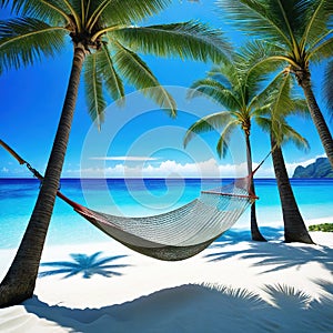 hammock hanging between two palm trees on tropical beach with clear blue water