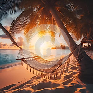 hammock hanging between two trees on a beach with ocean views