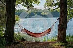 Hammock Hanging Between Two Trees by Lake