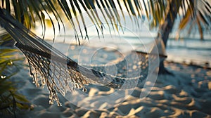 A hammock haven on a remote island sink into a state of bliss with only the rustling of palm fronds and the sound of