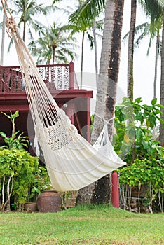 Hammock hung on palm trees for relax vacation