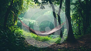 Hammock Hung Between Trees in Forest