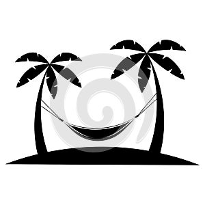 Hammock icon in glyph style. Hammock between palm trees in black color. Glyph icon relaxes. Palm trees on the beach. Summer