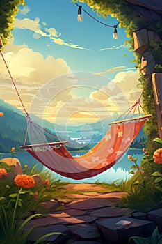 Hammock in a lush garden with a lake view at sunset. Cozy retreat and relaxation concept. Design for a storybook