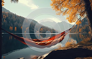 hammock and nature, lake and mountain at summer, beautiful landscape