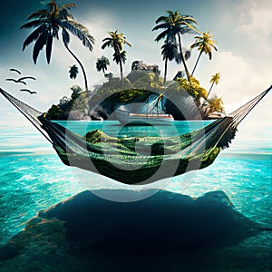 Hammock over water on the tropical beach by the sea. Generative AI