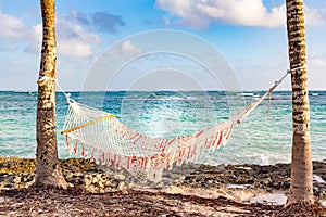 Hammock between palm trees on Guardalavaca beach, Holguin, Cuba