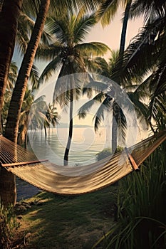 a hammock between palm trees near the ocean