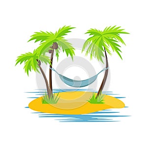 Hammock, palm trees and ocean. Seascape. Vector illustration.