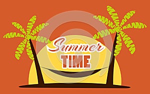 Hammock between palm trees on a sunset background. Summer time, beach vacation, miami. Vector