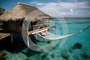 Hammock Perched On Private Overwater Villa. Generative AI