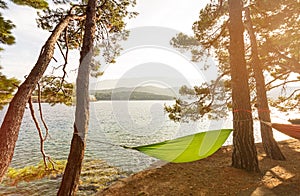 Hammock between pine trees in scenic bay (Osor) on the island of Losinj in the Adriatic Sea, Croatia