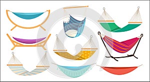 Hammock. Relax time in outdoor decorative colorful fabric hammock hanging swing comfortable rest place vector