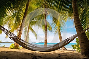 a hammock slung between two tropical palm trees