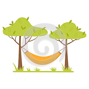 A hammock stretched between the trees. Outdoor recreation, camping. Flat vector illustration isolated on a white background