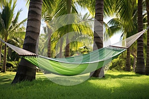 a hammock strung amidst calm green palm trees