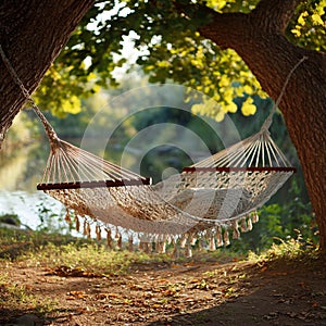 Hammock strung between trees overlooking a calm river view