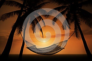 Hammock strung between two swaying palm trees. Generative AI