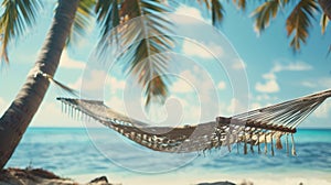 A hammock strung between two tall palm trees gently swaying in the ocean breeze
