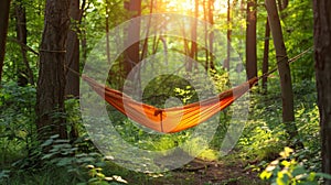 A hammock strung between two towering trees the ultimate spot for a rejuvenating nap in the fresh forest air. 2d flat