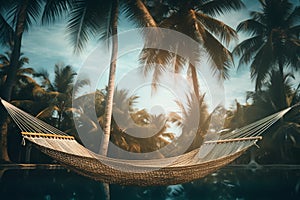A hammock suspended between two palm trees realistic tropical background