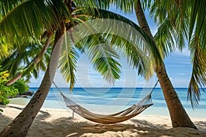 A hammock is suspended between two palm trees on a sandy beach, inviting relaxation and comfort, An inviting hammock for two