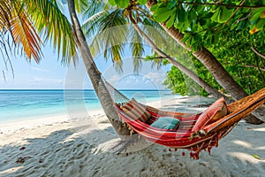 hammock swaying gently between two palm trees, overlooking a pristine white sandy beach
